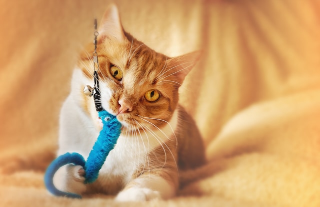 Orange-and-white cat biting a blue toothbrush against soft golden fabric background.