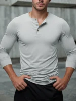 Henley Neck T-Shirt Men Basic Breathable Men's Long Sleeve - Image 2