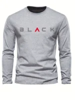 Men's 100% pure cotton loose fit plus size comfortable casual sports BLACK letter printed round neck long sleeved T-shirt top - Image 4