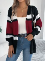 Women's Contrast Color Striped Cardigan Sweaters - Tops Woman Coats - Image 4