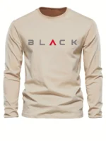 Men's 100% pure cotton loose fit plus size comfortable casual sports BLACK letter printed round neck long sleeved T-shirt top - Image 5