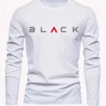 Men's 100% pure cotton loose fit plus size comfortable casual sports BLACK letter printed round neck long sleeved T-shirt top