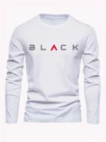 Men's 100% pure cotton loose fit plus size comfortable casual sports BLACK letter printed round neck long sleeved T-shirt top