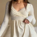 New Long Sleeve Lace Trimmed Wrap Blouse Womens Clothing - Image 2