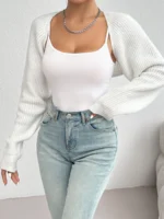 Shrug Raglan Sleeve Open Front Cardigan Elegant Solid Color Ribbed - Image 3