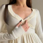 New Long Sleeve Lace Trimmed Wrap Blouse Womens Clothing - Image 3