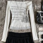 Women T-shirt Long Sleeve Boat Neck Music Note Print - Image 3