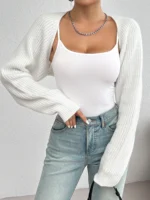 Shrug Raglan Sleeve Open Front Cardigan Elegant Solid Color Ribbed - Image 4