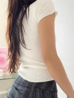 Women's Fit Tops White Short Sleeve Lace Trim Collar Pointelle T-shirts - Image 2