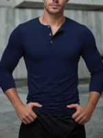 Henley Neck T-Shirt Men Basic Breathable Men's Long Sleeve - Image 5