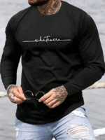 Men's Spring and Autumn 100% Cotton Comfortable Casual Simple Letter Printed Round Neck Long Sleeve T-shirt Top