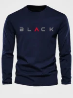 Men's 100% pure cotton loose fit plus size comfortable casual sports BLACK letter printed round neck long sleeved T-shirt top - Image 2