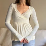 New Long Sleeve Lace Trimmed Wrap Blouse Womens Clothing