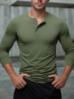Henley Neck T-Shirt Men Basic Breathable Men's Long Sleeve - Image 6