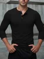Henley Neck T-Shirt Men Basic Breathable Men's Long Sleeve - Image 3