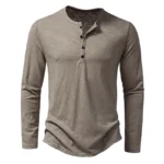 New Men's Cotton Henley T Shirt Long Sleeve - T-Shirts Basic Casual Button - Image 2