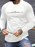Men's Spring and Autumn 100% Cotton Comfortable Casual Simple Letter Printed Round Neck Long Sleeve T-shirt Top - Image 2