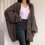 New V-neck Single-breasted Loose Solid Color Knitted Women Cardigan Sweater - Image 4