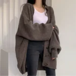 New V-neck Single-breasted Loose Solid Color Knitted Women Cardigan Sweater - Image 2