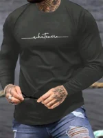 Men's Spring and Autumn 100% Cotton Comfortable Casual Simple Letter Printed Round Neck Long Sleeve T-shirt Top - Image 3