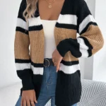Women's Contrast Color Striped Cardigan Sweaters - Tops Woman Coats