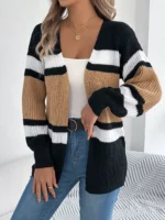 Women's Contrast Color Striped Cardigan Sweaters - Tops Woman Coats