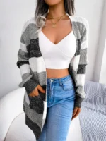 Women Casual Long Sleeve Striped Knitted Sweater Cardigan - Image 2