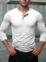 Henley Neck T-Shirt Men Basic Breathable Men's Long Sleeve - Image 4