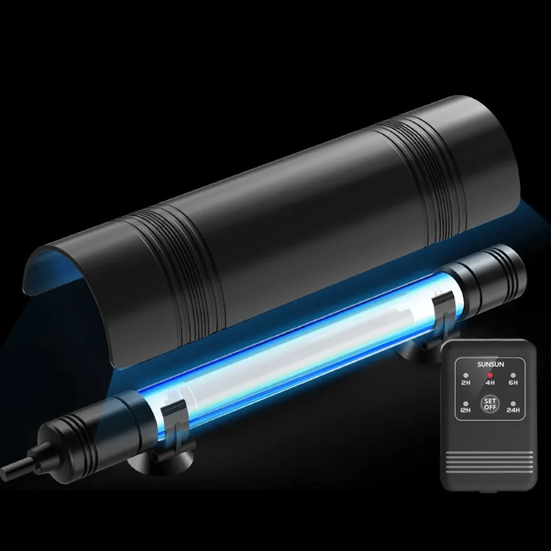 Ultraviolet sterilizer device with glowing blue light tube and small control unit.