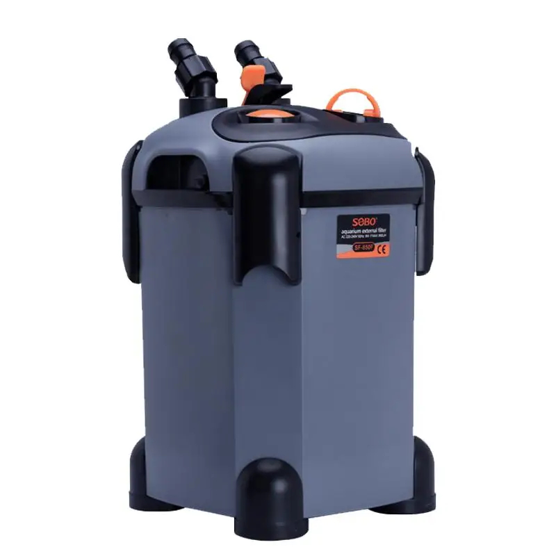 Canister-style aquarium filter with dual hose connectors and top-mounted controls.