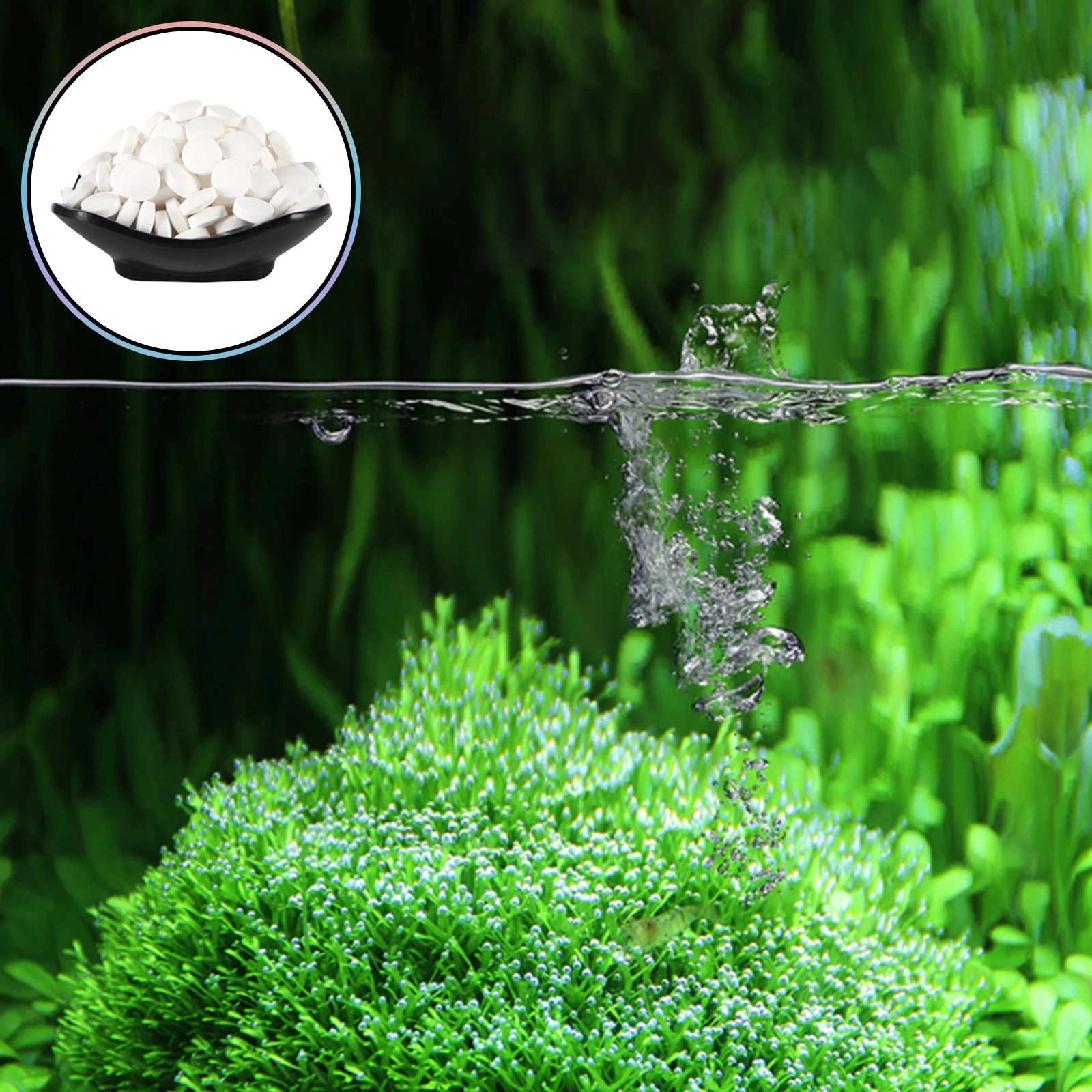 sprinkler watering green grass, with inset showing granular fertilizer product